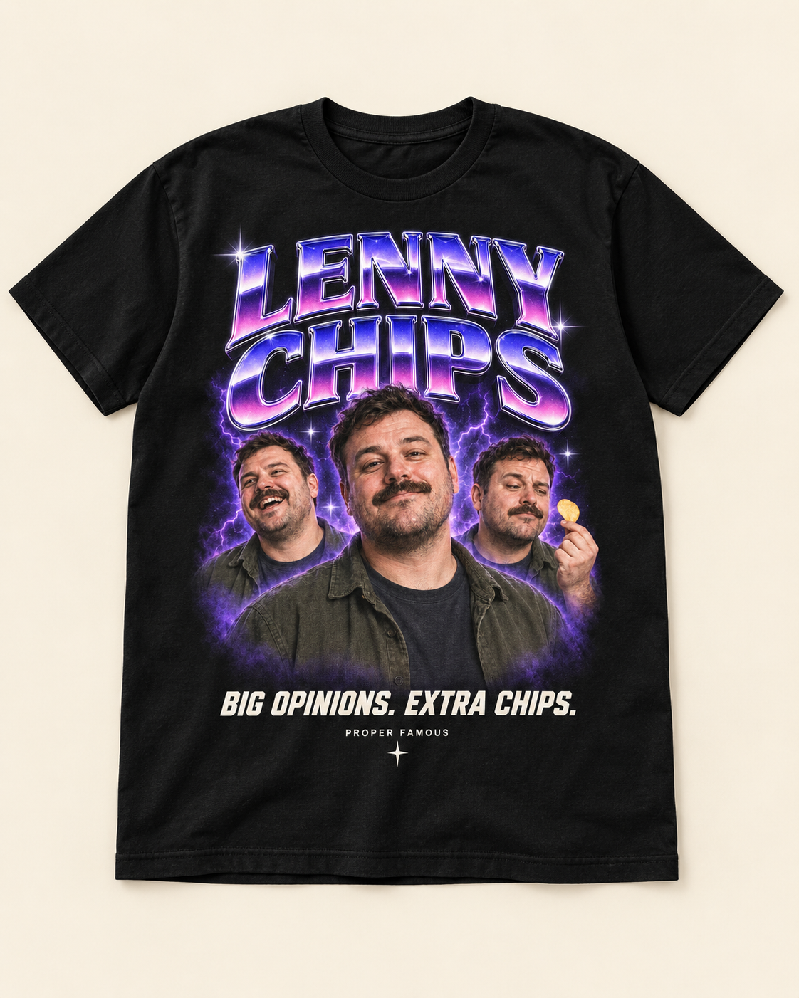 Black Proper Famous T-shirt with the purple Lenny Chips collage design, displayed on a cream background